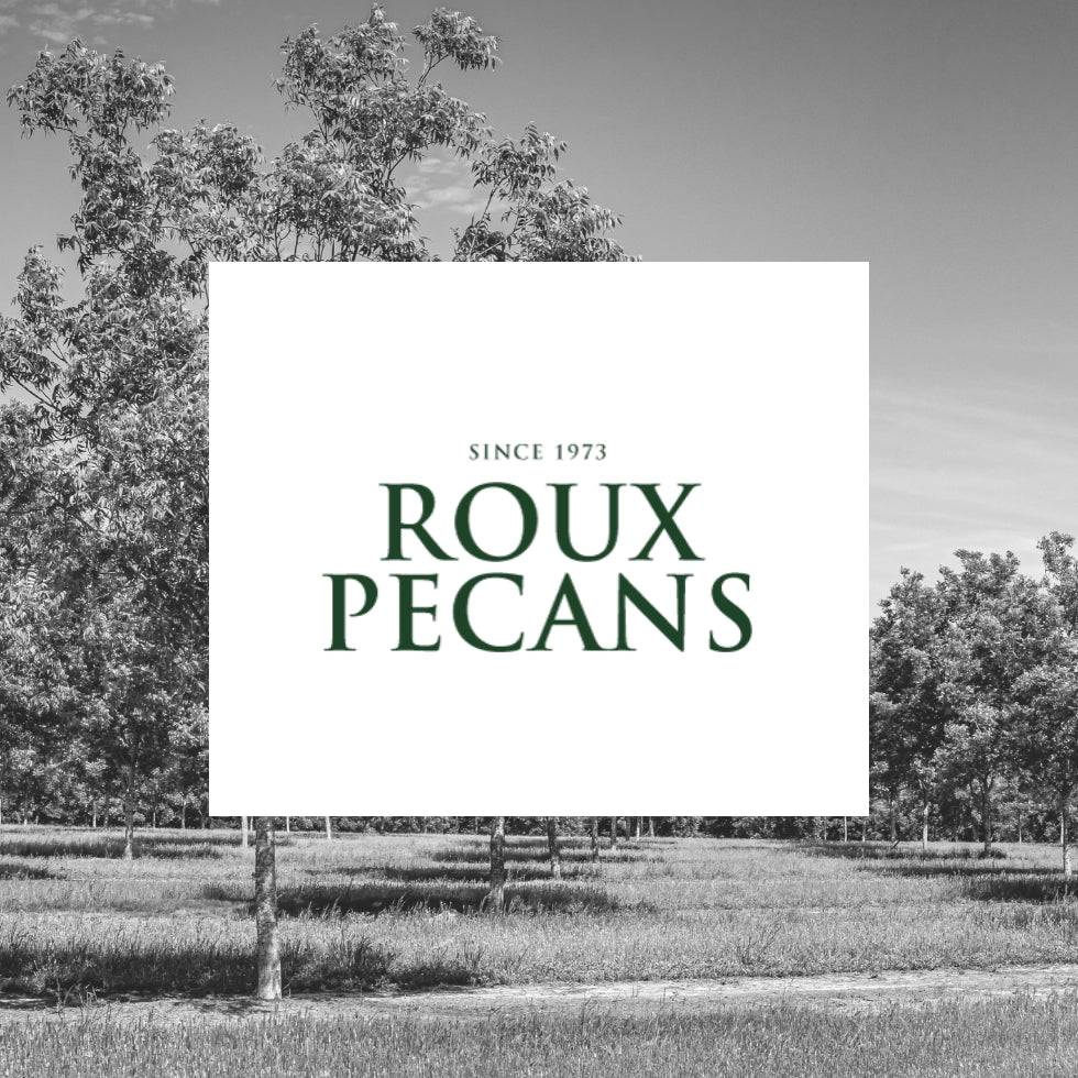Roux Pecans Logo with orchard background photo