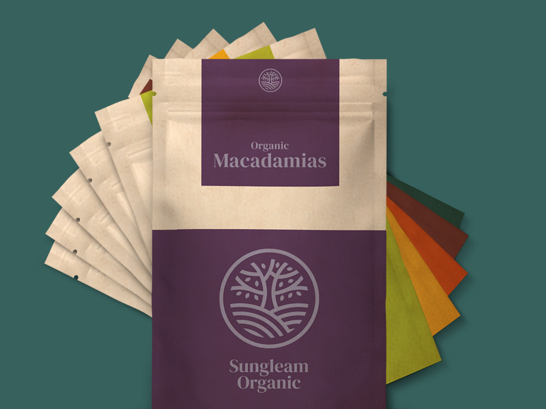 Sungleam Organic product shot with Macadamia nuts product at the front.